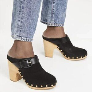 VERONICA BEARD Dacey Clogs Buckled Strap Studded Black Suede Wooden Heel Mule